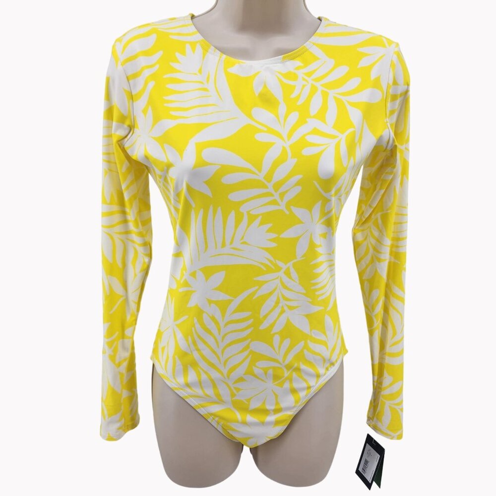 Kate Spade Size XS Yellow White Floral Long Sleeve One Piece Swimsuit